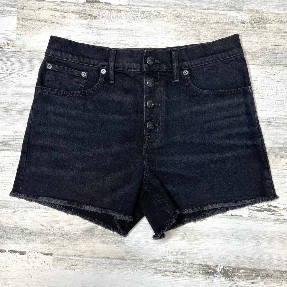 J. Crew Factory NWT Size 24 High Rise Button Fly Raw Hem 3” Black Denim Shorts - Picture 4 of 8